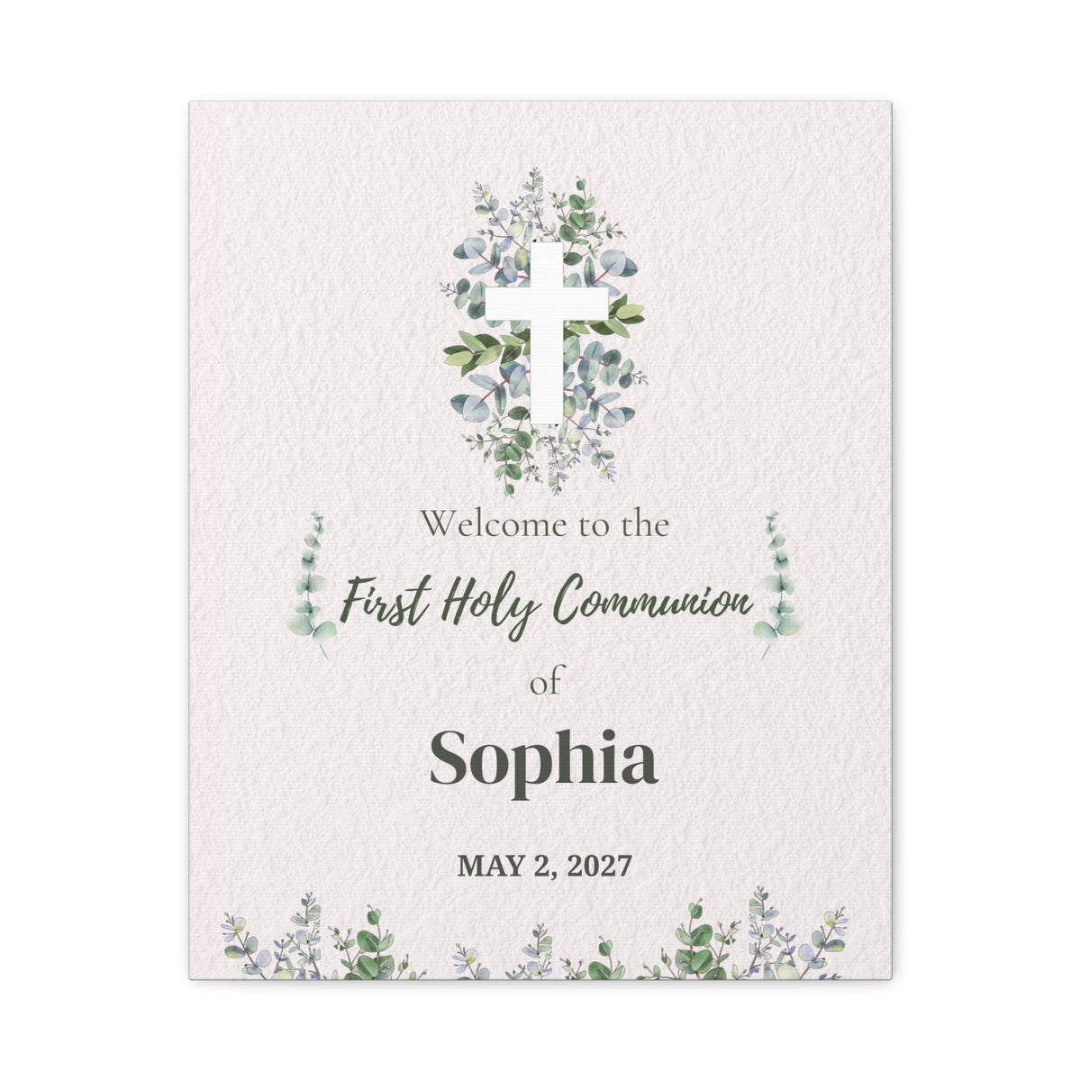 Personalized First Holy Communion Welcome Sign – Minimalist Eucalyptus Canvas
