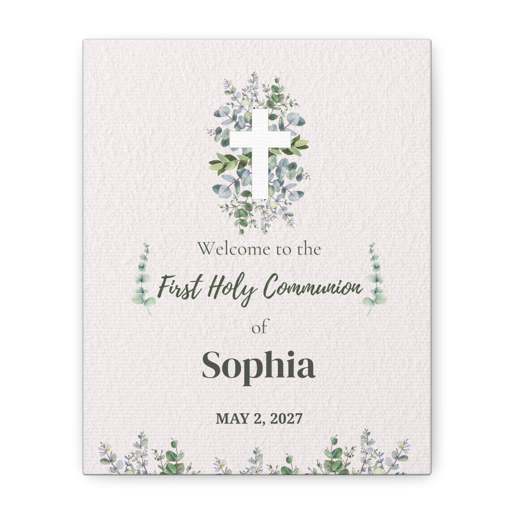 Personalized First Holy Communion Welcome Sign, Custom Eucalyptus Canvas