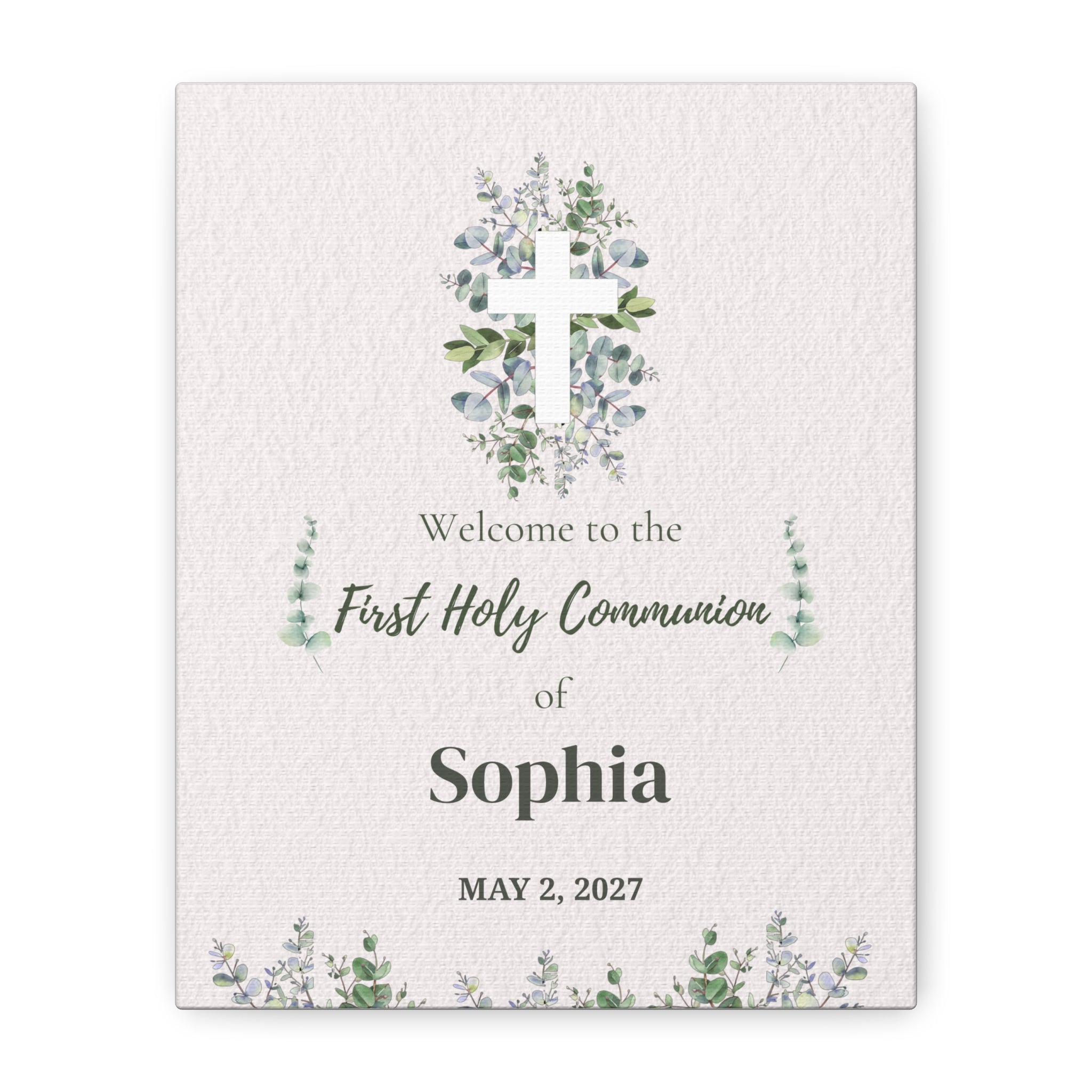 Personalized First Holy Communion Welcome Sign, Custom Eucalyptus Canvas