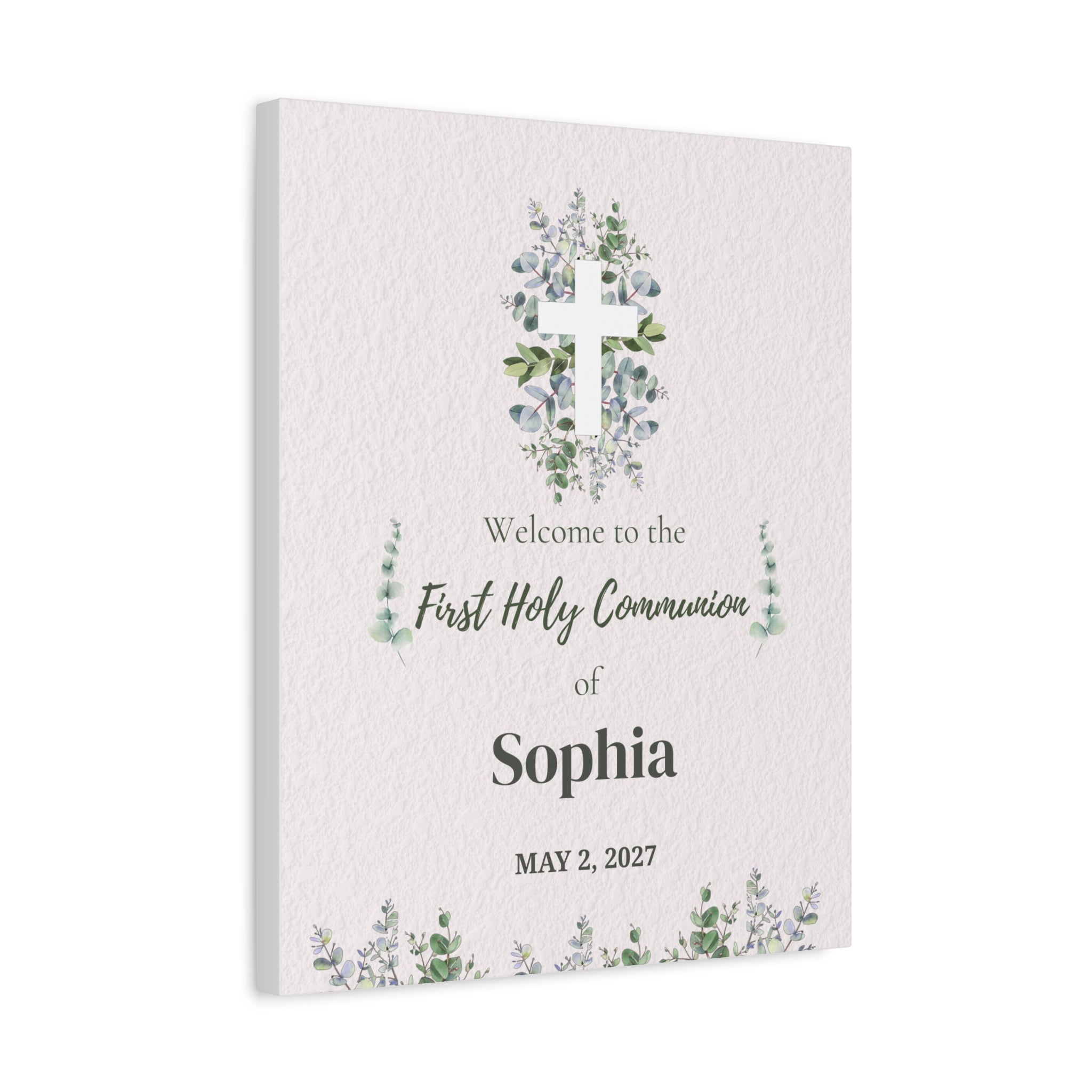 Personalized First Holy Communion Welcome Sign, Custom Eucalyptus Canvas