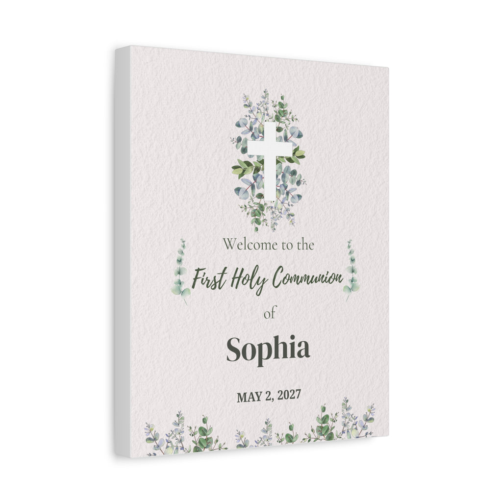 Personalized First Holy Communion Welcome Sign, Custom Eucalyptus Canvas