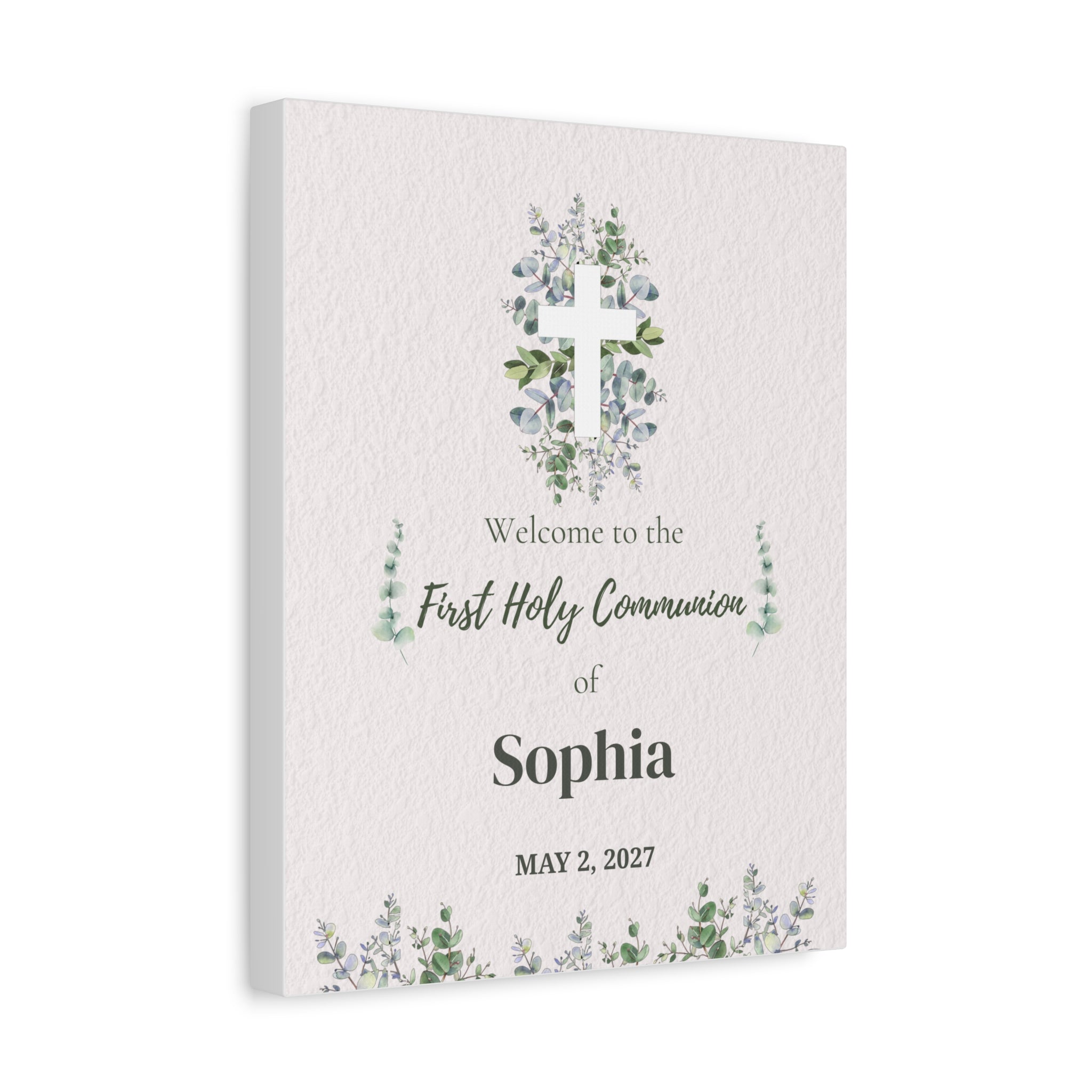 Personalized First Holy Communion Welcome Sign, Custom Eucalyptus Canvas
