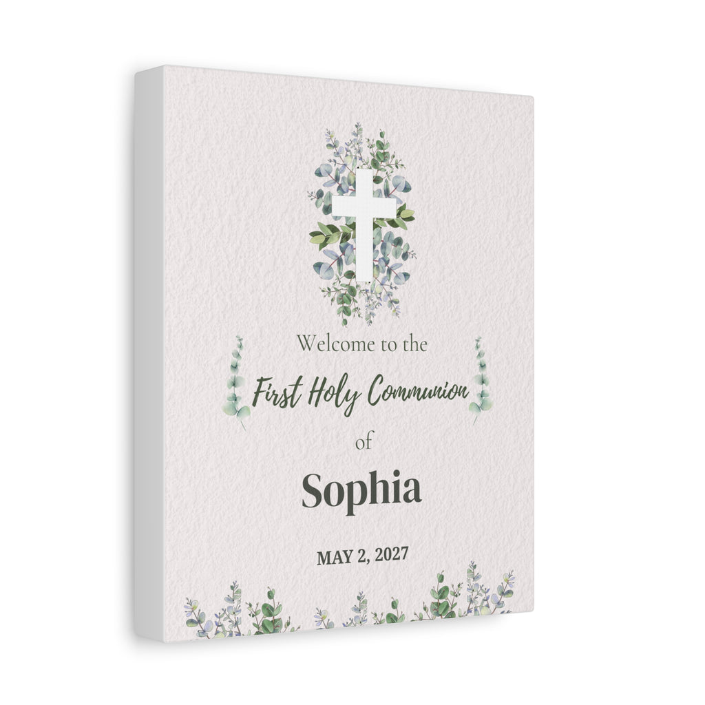 Personalized First Holy Communion Welcome Sign, Custom Eucalyptus Canvas