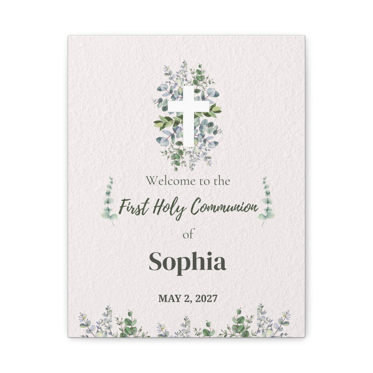 Personalized First Holy Communion Welcome Sign – Minimalist Eucalyptus Canvas