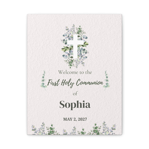 Personalized First Holy Communion Welcome Sign, Custom Eucalyptus Canvas