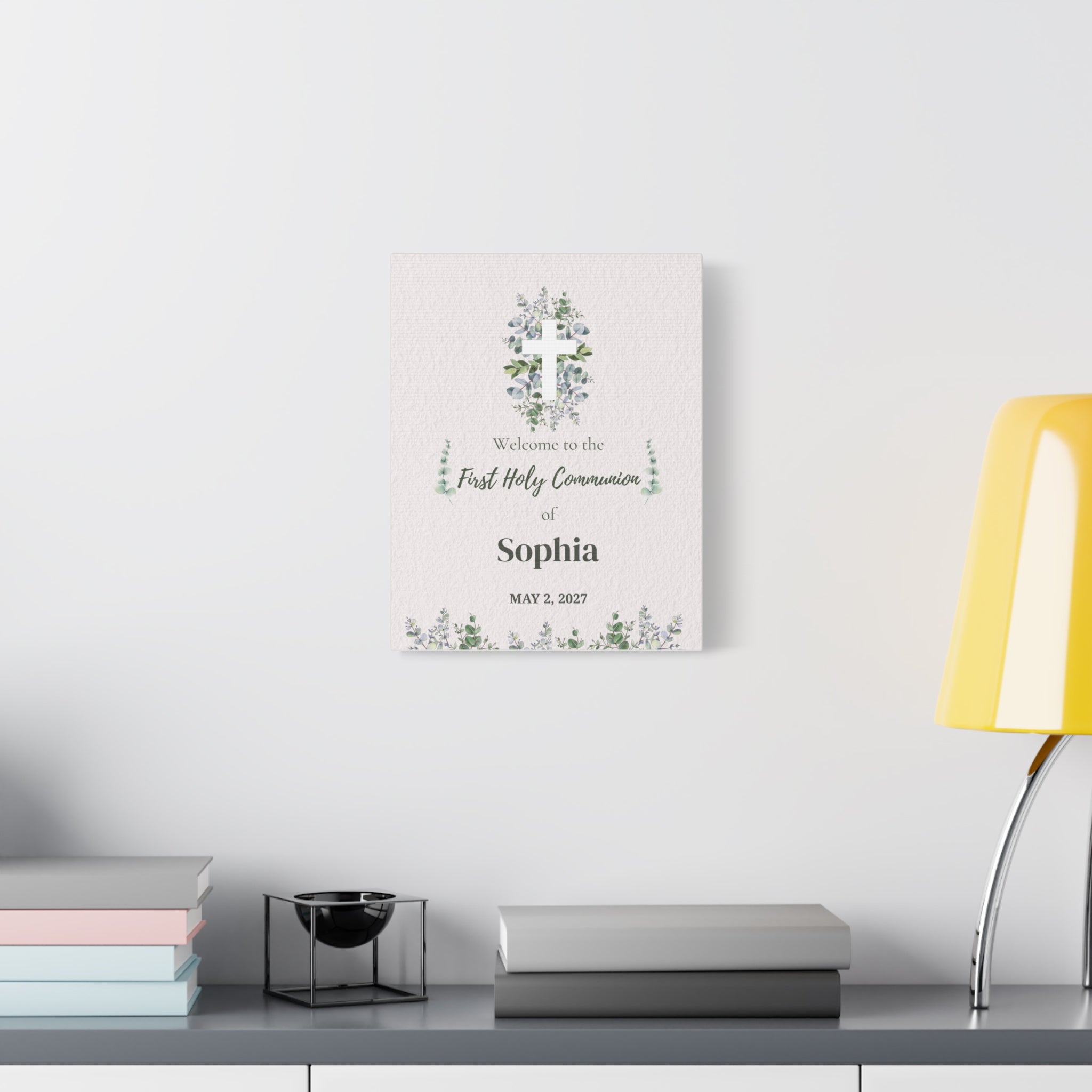 Personalized First Holy Communion Welcome Sign, Custom Eucalyptus Canvas