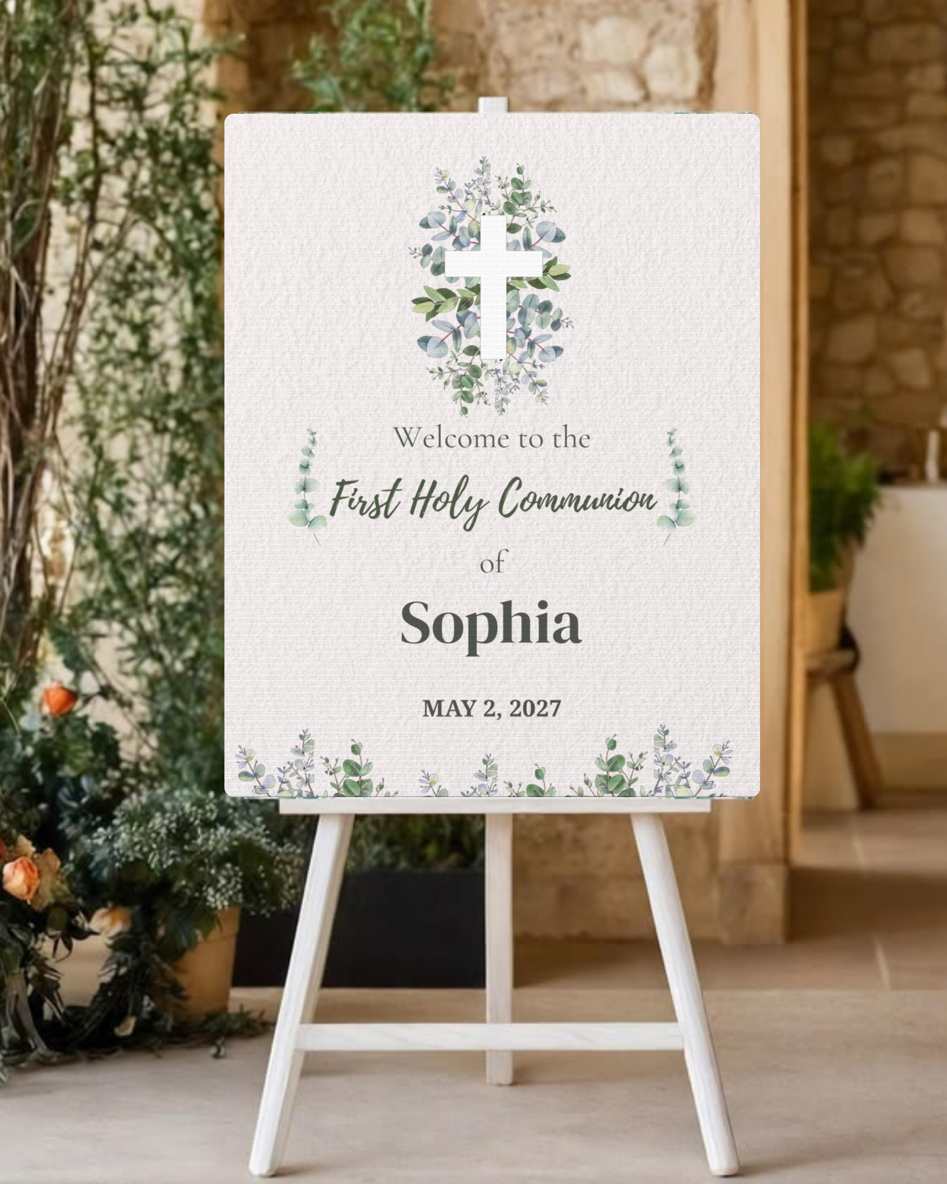 Personalized First Holy Communion Welcome Sign – Minimalist Eucalyptus Canvas